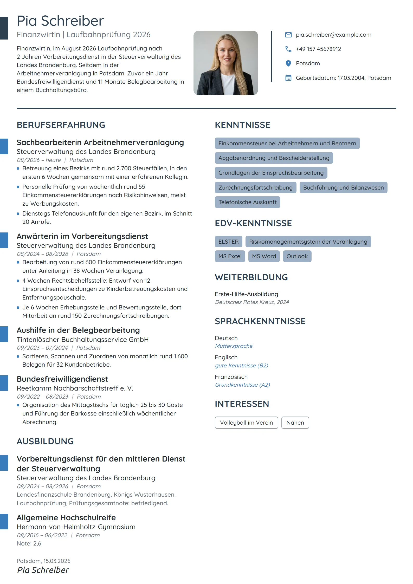 Lebenslauf-Beispiel: Finanzwirtin im ersten Dienstjahr