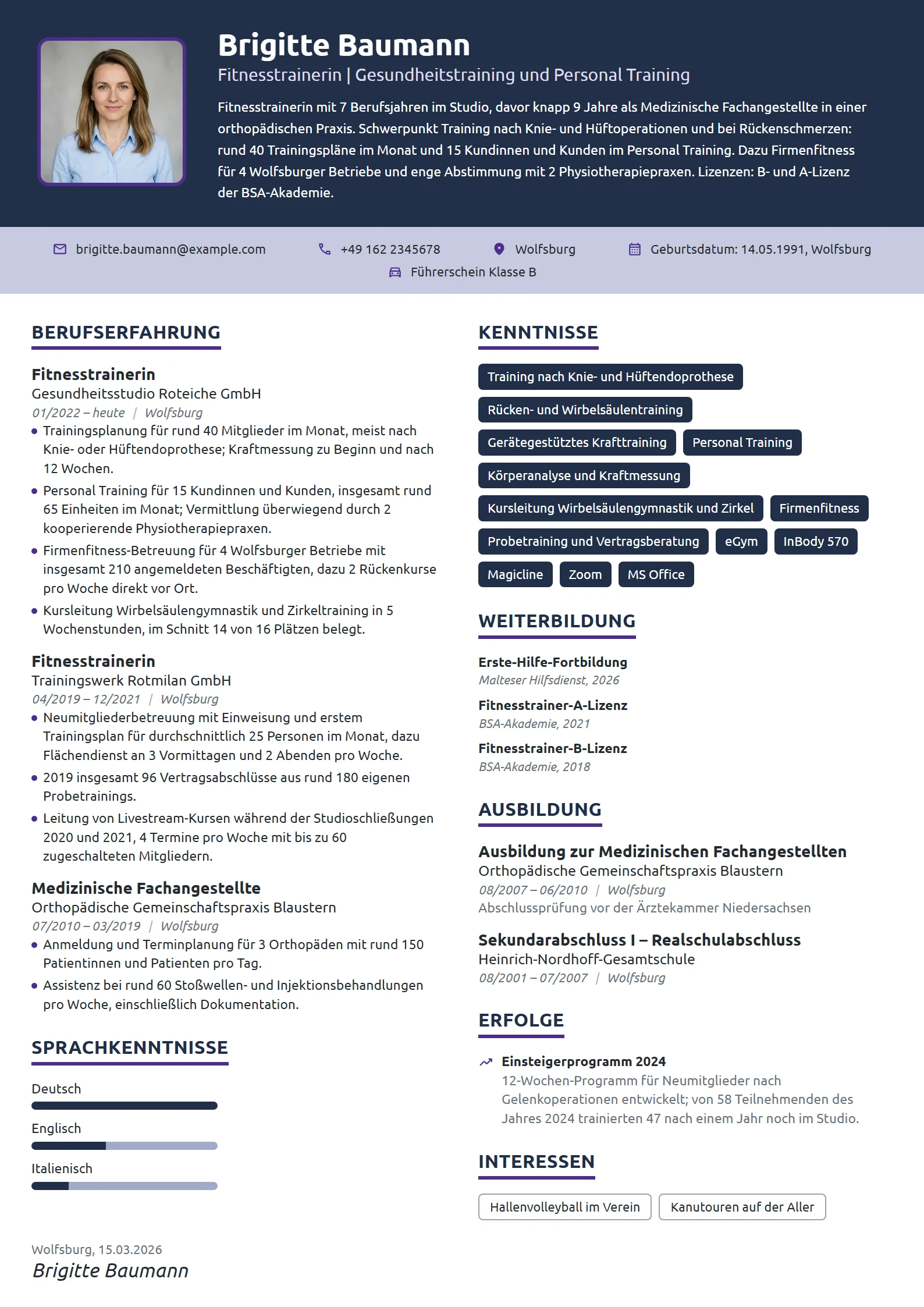 Lebenslauf-Beispiel: Fitnesstrainerin, Gesundheitstraining