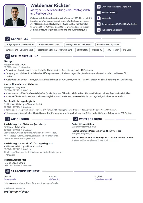 Lebenslauf-Beispiel: Fleischer nach der Gesellenprüfung 2026