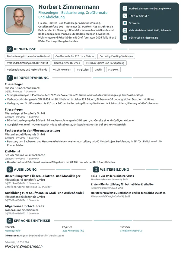 Lebenslauf-Beispiel: Fliesenleger in der Badsanierung