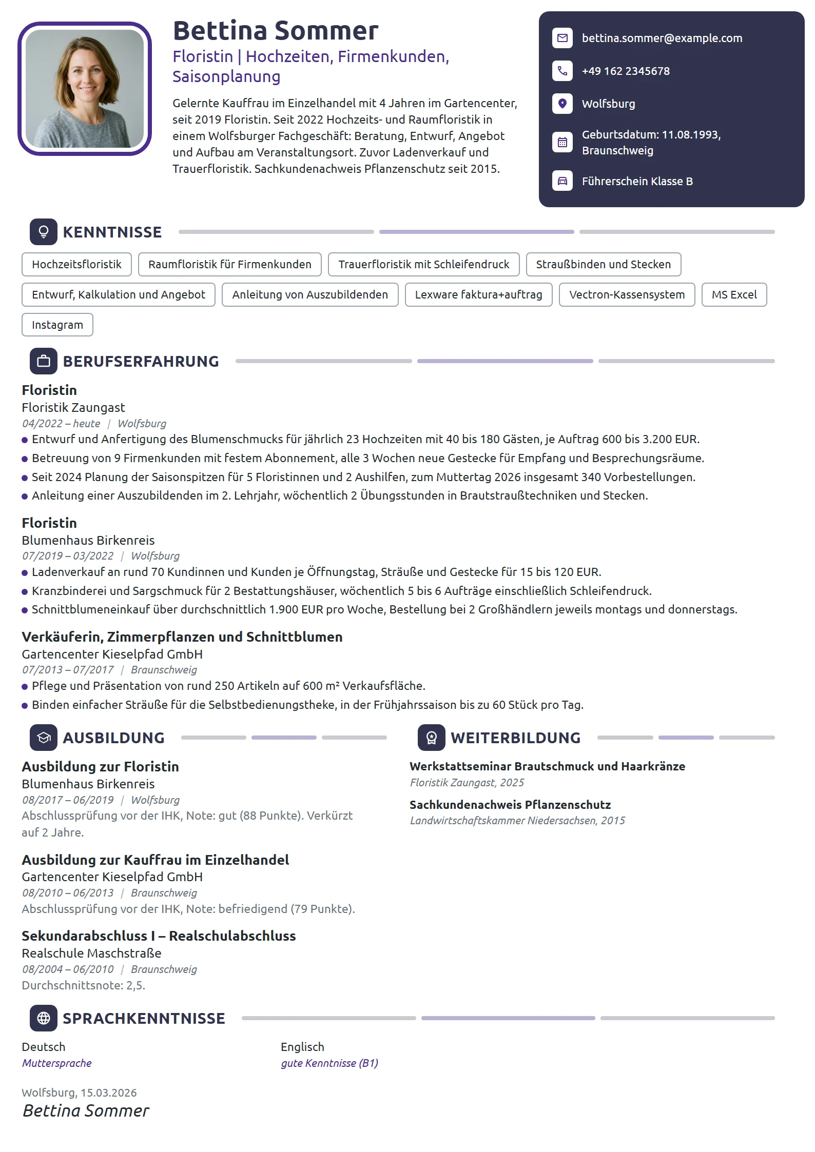 Lebenslauf-Beispiel: Floristin für Hochzeiten und Firmenkunden