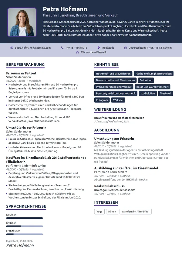 Lebenslauf-Beispiel: Friseurin nach Umschulung aus dem Handel