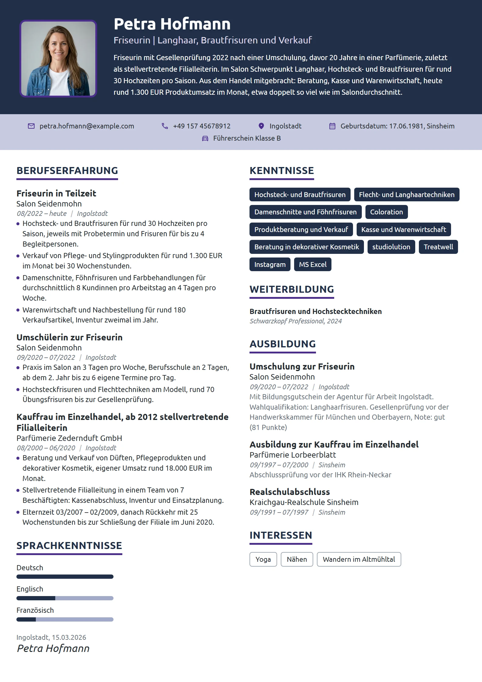 Lebenslauf-Beispiel: Friseurin nach Umschulung aus dem Handel