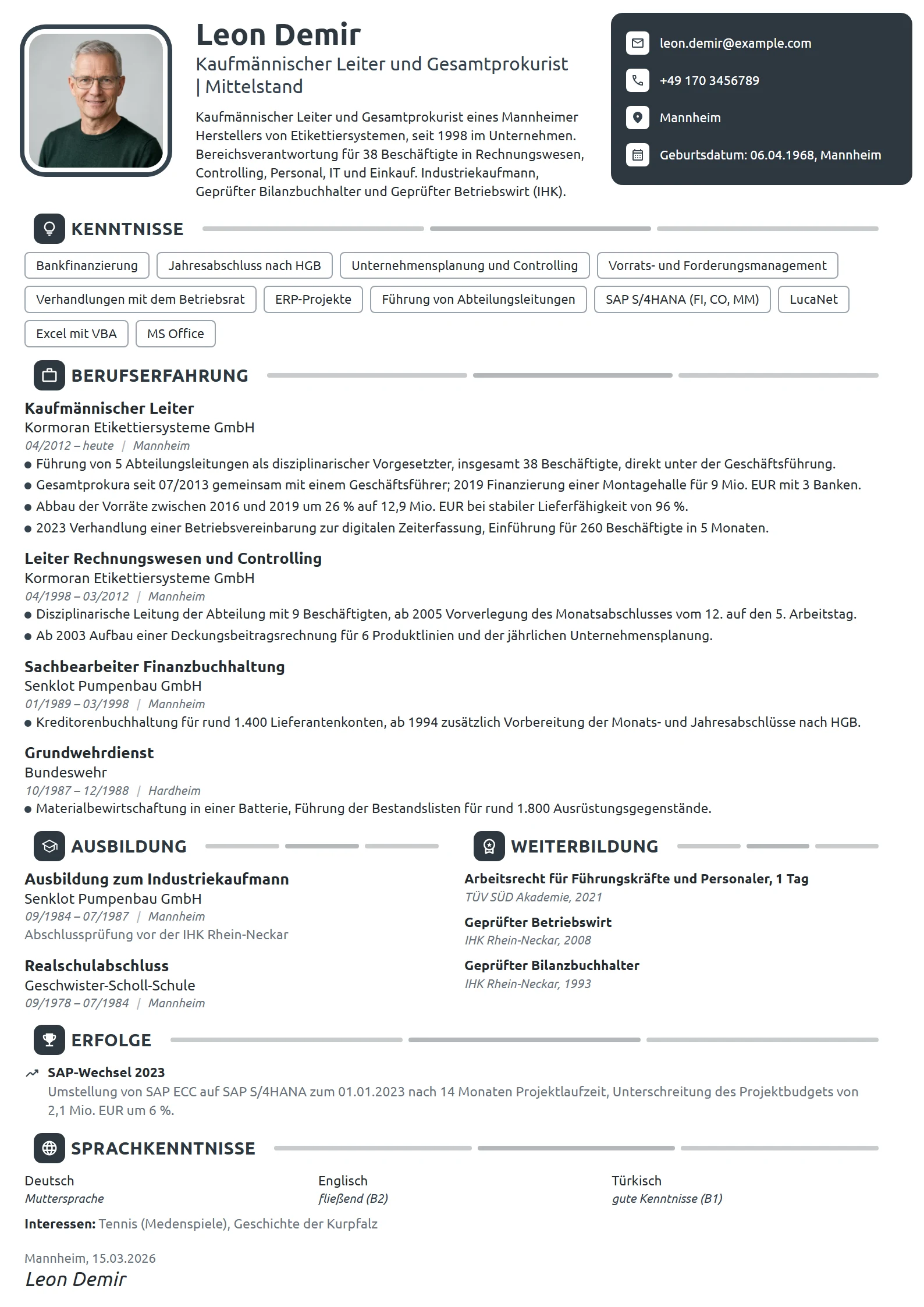 Lebenslauf-Beispiel: Kaufmännischer Leiter mit Prokura