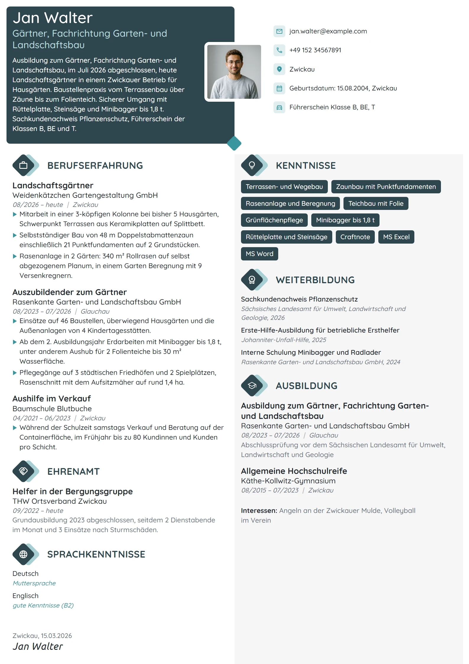 Lebenslauf-Beispiel: Landschaftsgärtner nach der Ausbildung