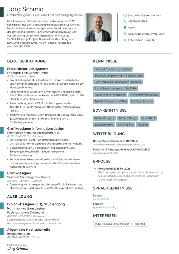 Lebenslauf-Beispiel: Grafikdesigner, Schwerpunkt Leitsysteme