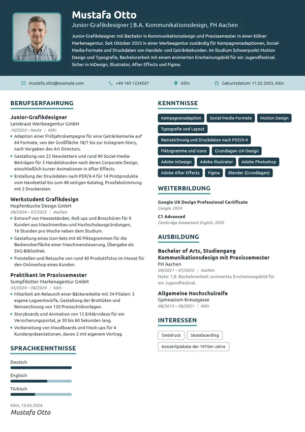 Lebenslauf-Beispiel: Junior-Grafikdesigner nach dem Bachelor