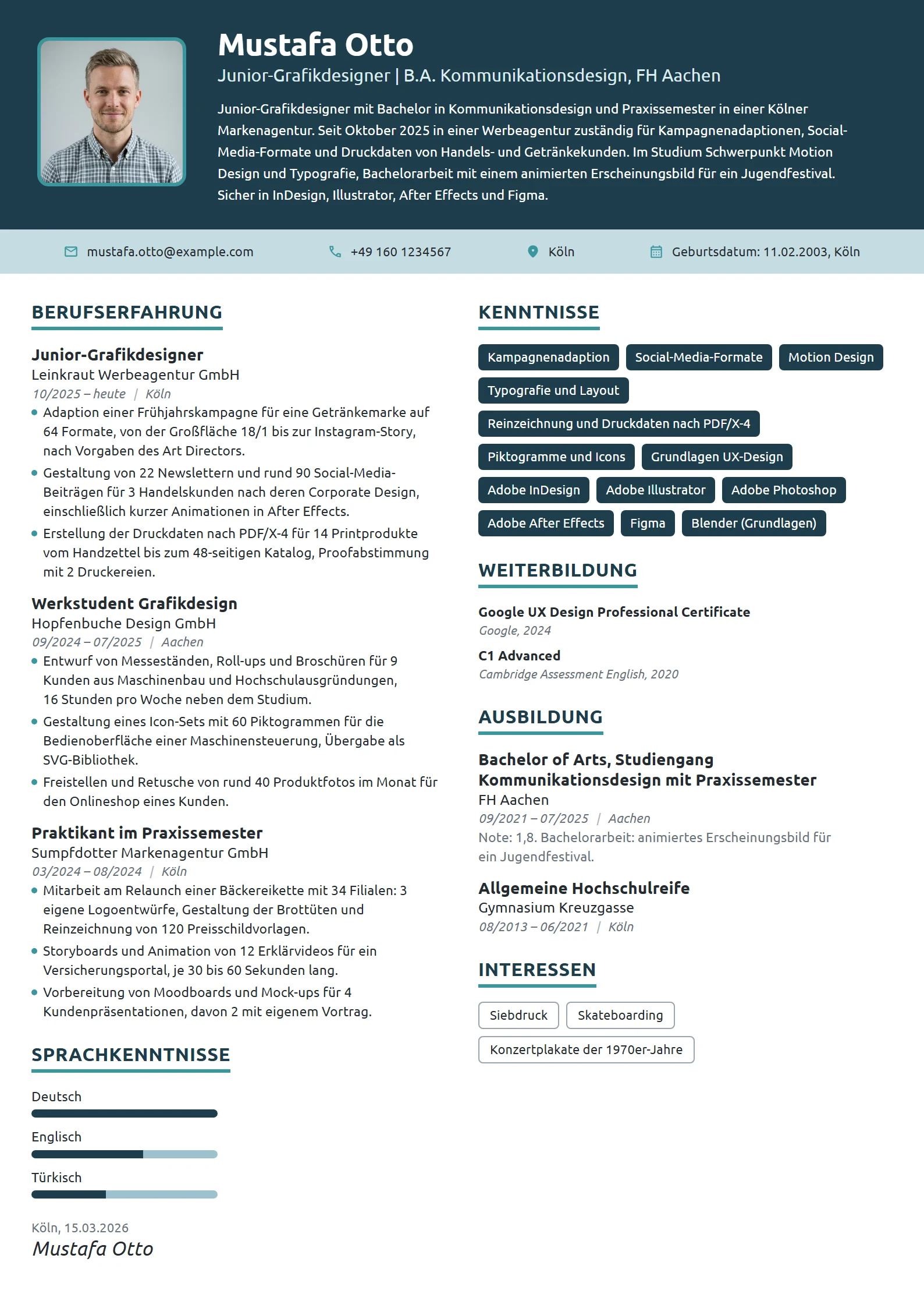 Lebenslauf-Beispiel: Junior-Grafikdesigner nach dem Bachelor