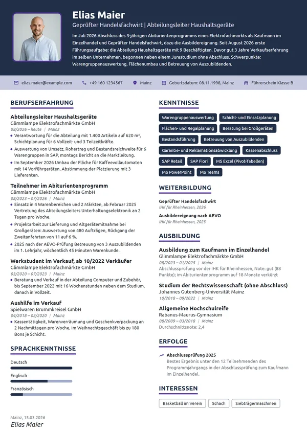 Lebenslauf-Beispiel: Handelsfachwirt nach Abiturientenprogramm