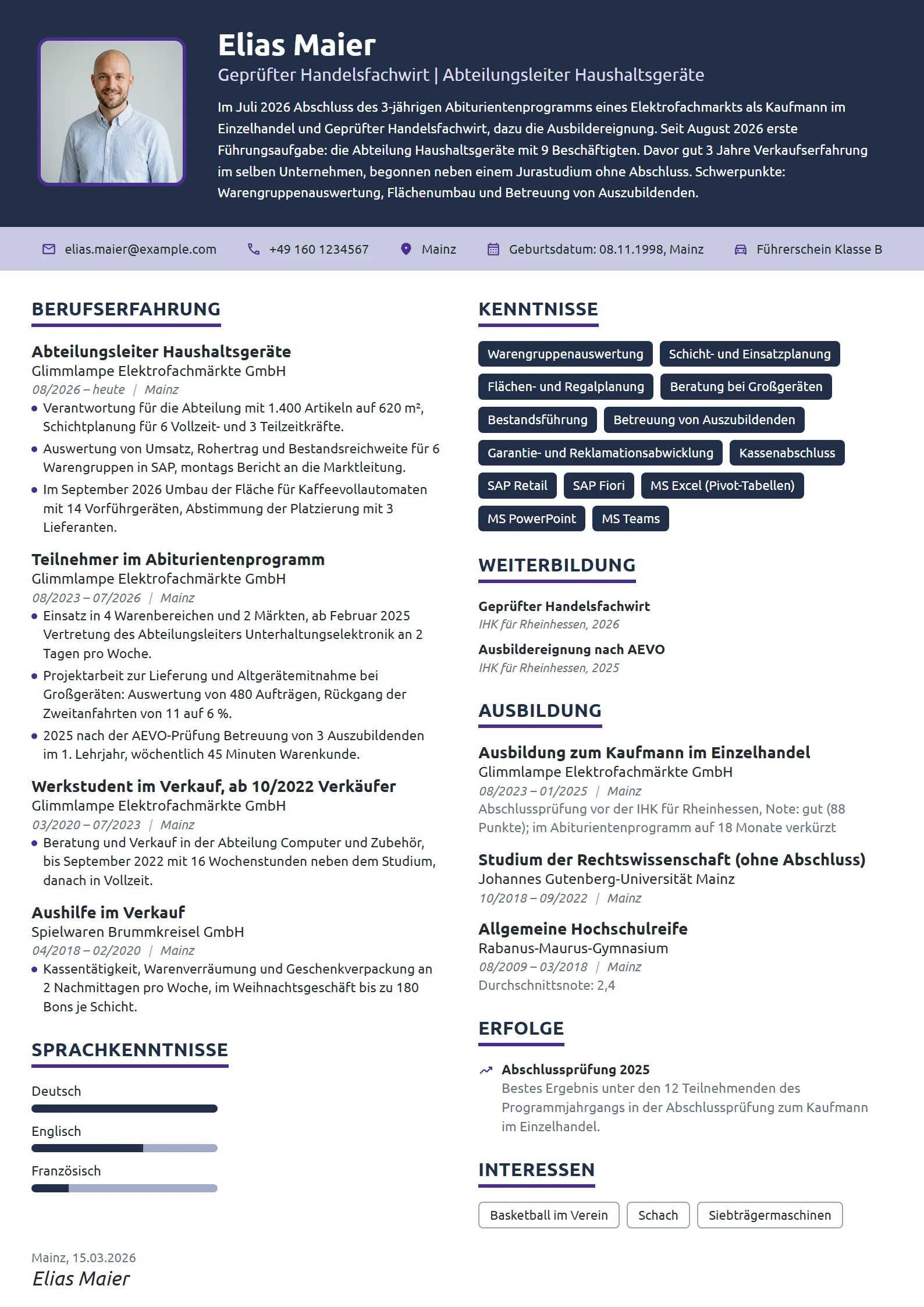 Lebenslauf-Beispiel: Handelsfachwirt nach Abiturientenprogramm