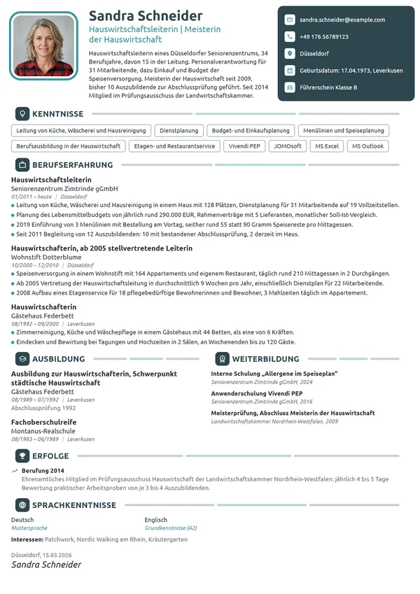 Lebenslauf-Beispiel: Meisterin der Hauswirtschaft, Leitung