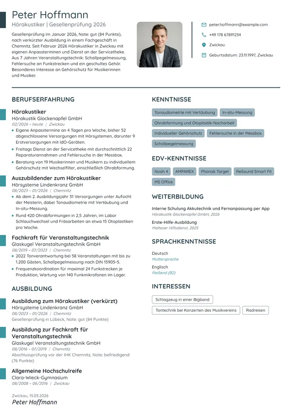 Lebenslauf-Beispiel: Hörakustiker nach der Gesellenprüfung