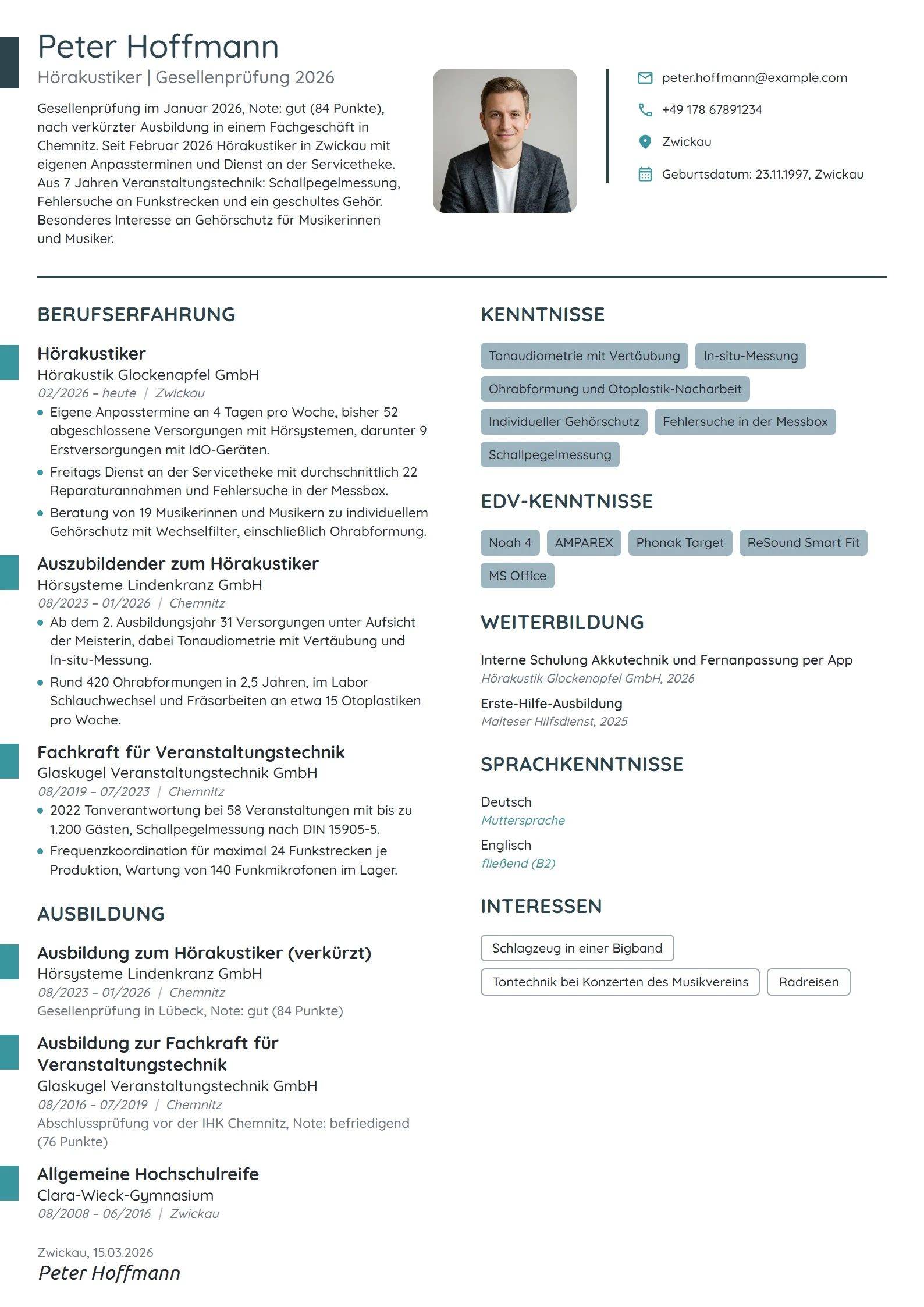 Lebenslauf-Beispiel: Hörakustiker nach der Gesellenprüfung