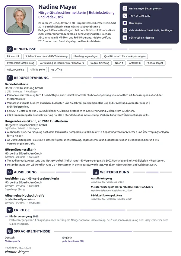 Lebenslauf-Beispiel: Hörgeräteakustikermeisterin, Pädakustik