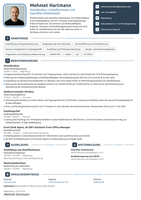 Lebenslauf-Beispiel: Hotelfachmann, Hoteldirektor