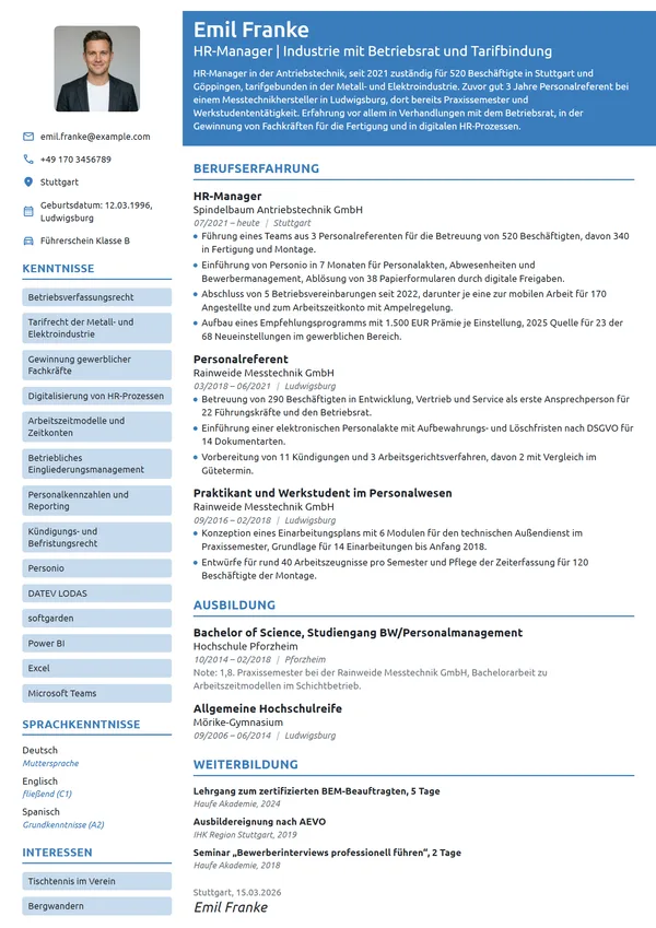 Lebenslauf-Beispiel: HR-Manager in der Antriebstechnik