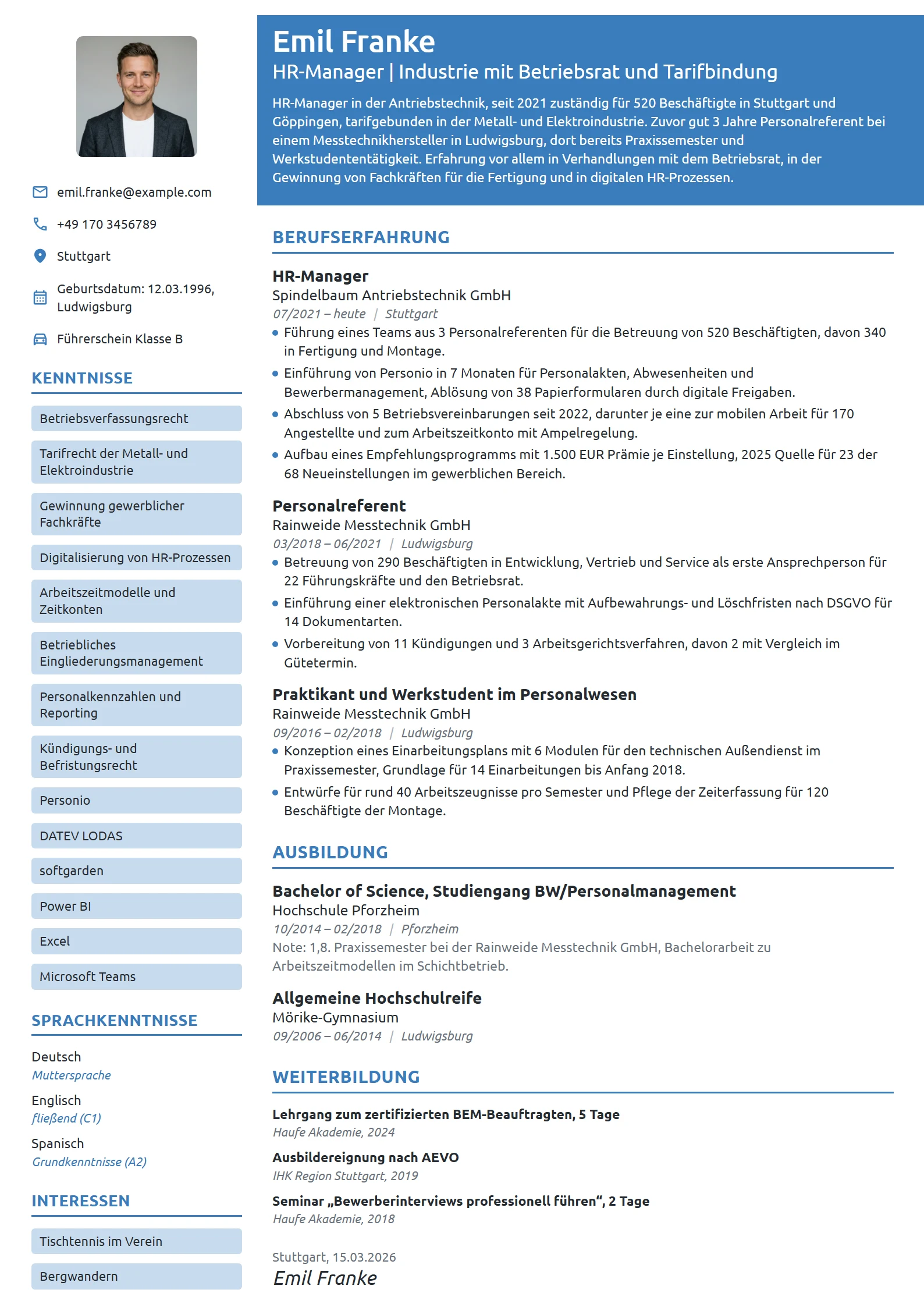 Lebenslauf-Beispiel: HR-Manager in der Antriebstechnik