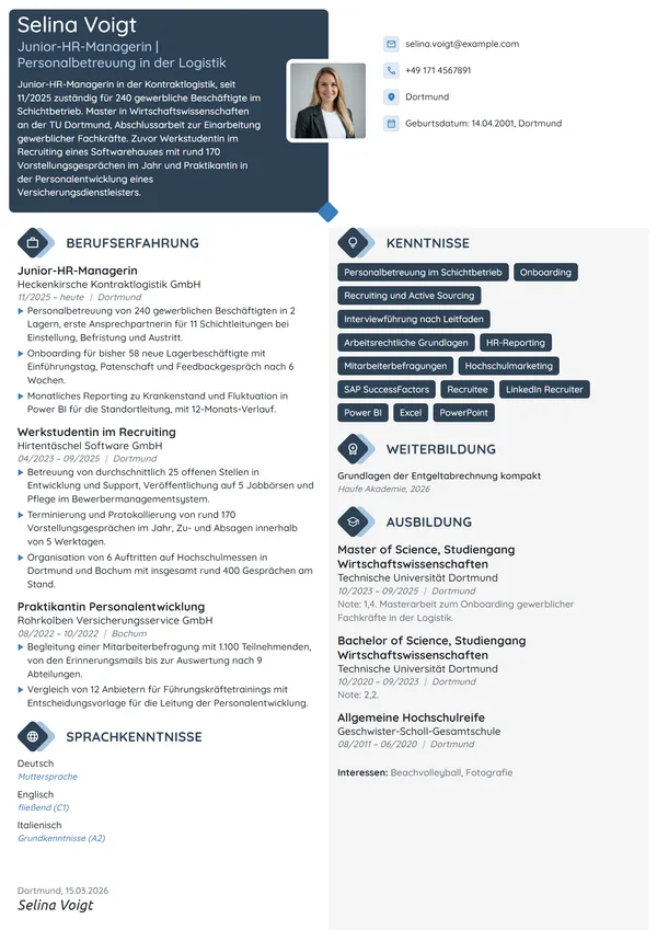 Lebenslauf-Beispiel: HR-Managerin im Berufseinstieg