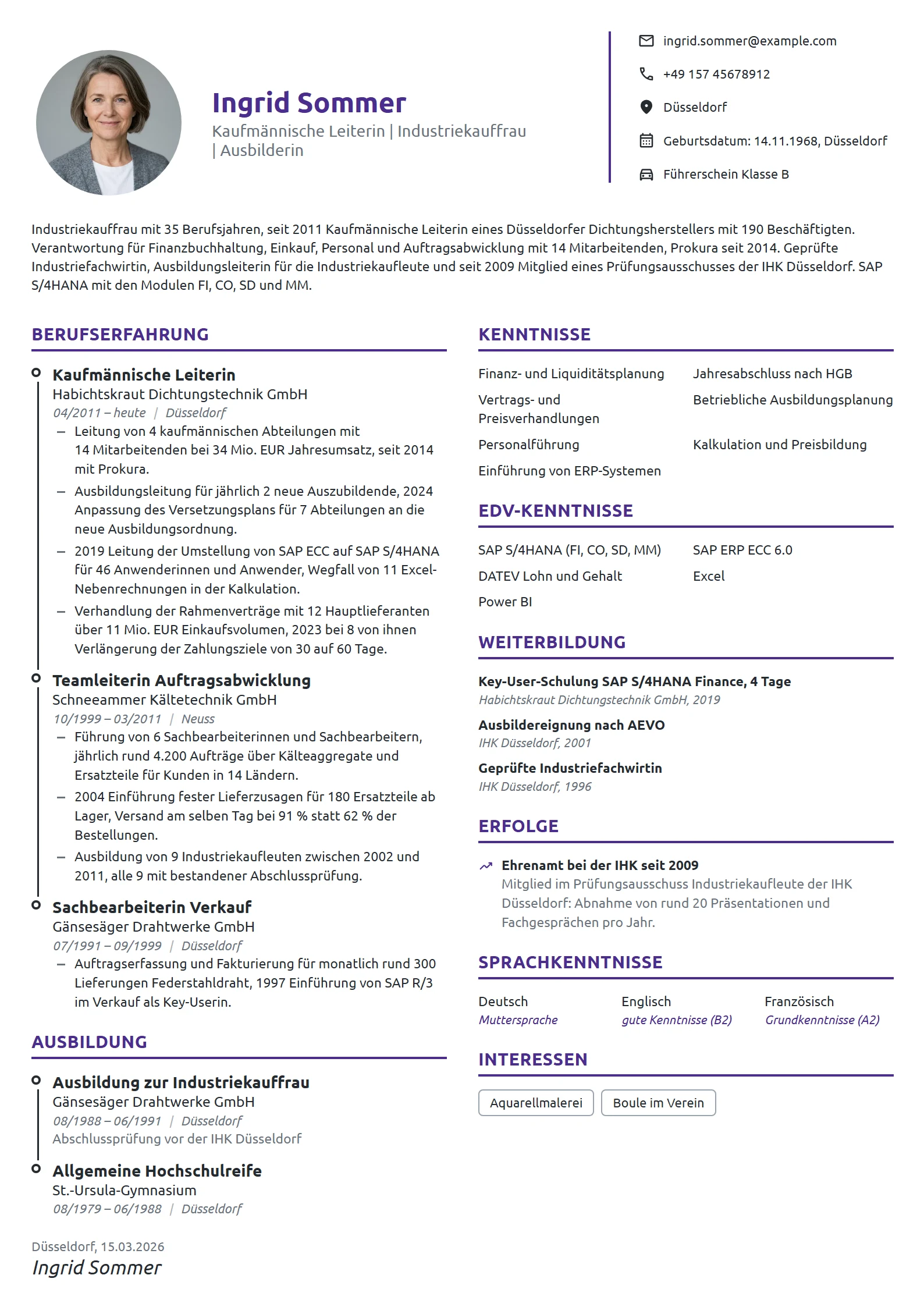 Lebenslauf-Beispiel: Kaufmännische Leiterin und Ausbilderin