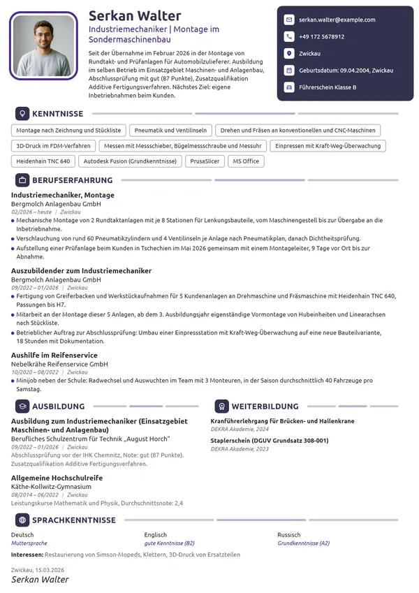 Lebenslauf-Beispiel: Industriemechaniker nach der Ausbildung