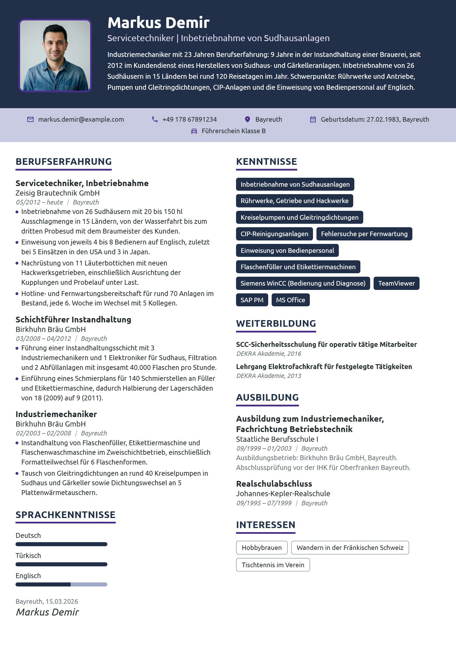Lebenslauf-Beispiel: Industriemechaniker, Service Brauanlagen