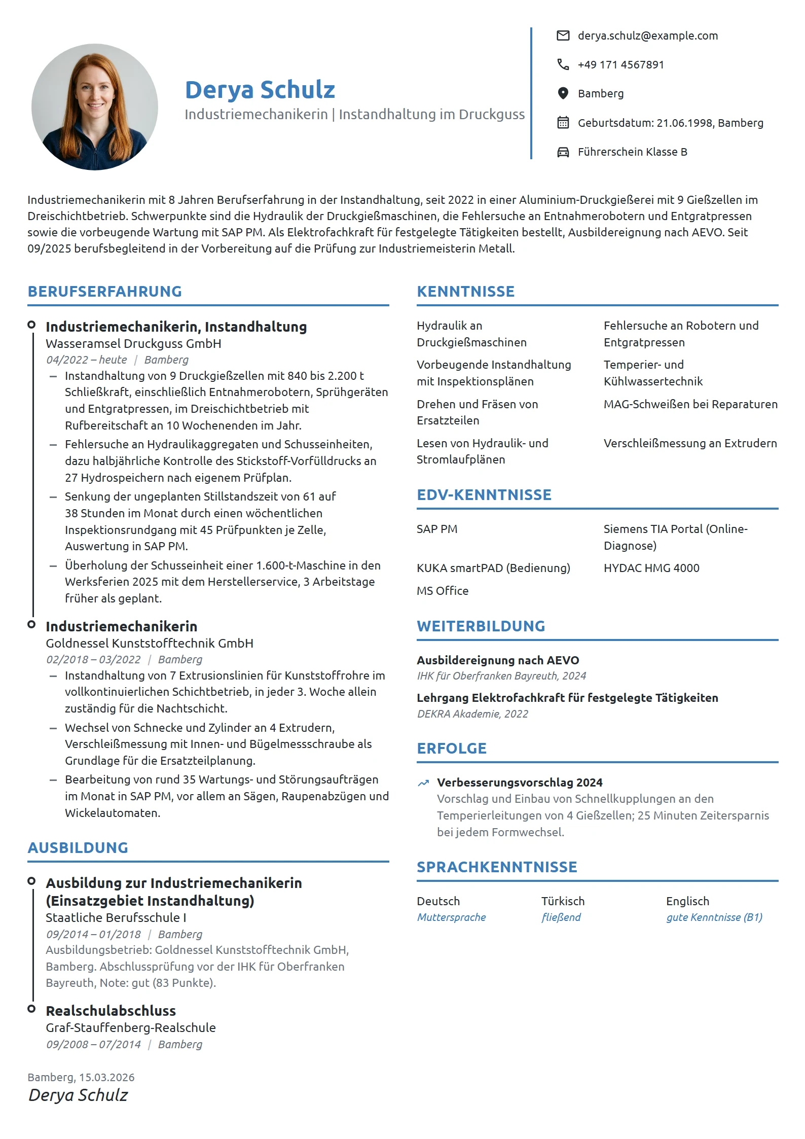 Lebenslauf-Beispiel: Industriemechanikerin, Instandhaltung