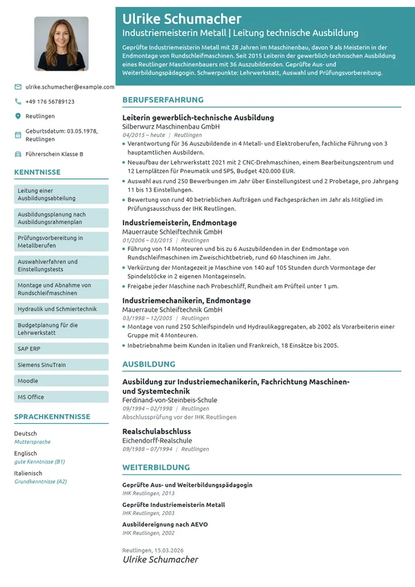 Lebenslauf-Beispiel: Industriemeisterin, Leitung Ausbildung