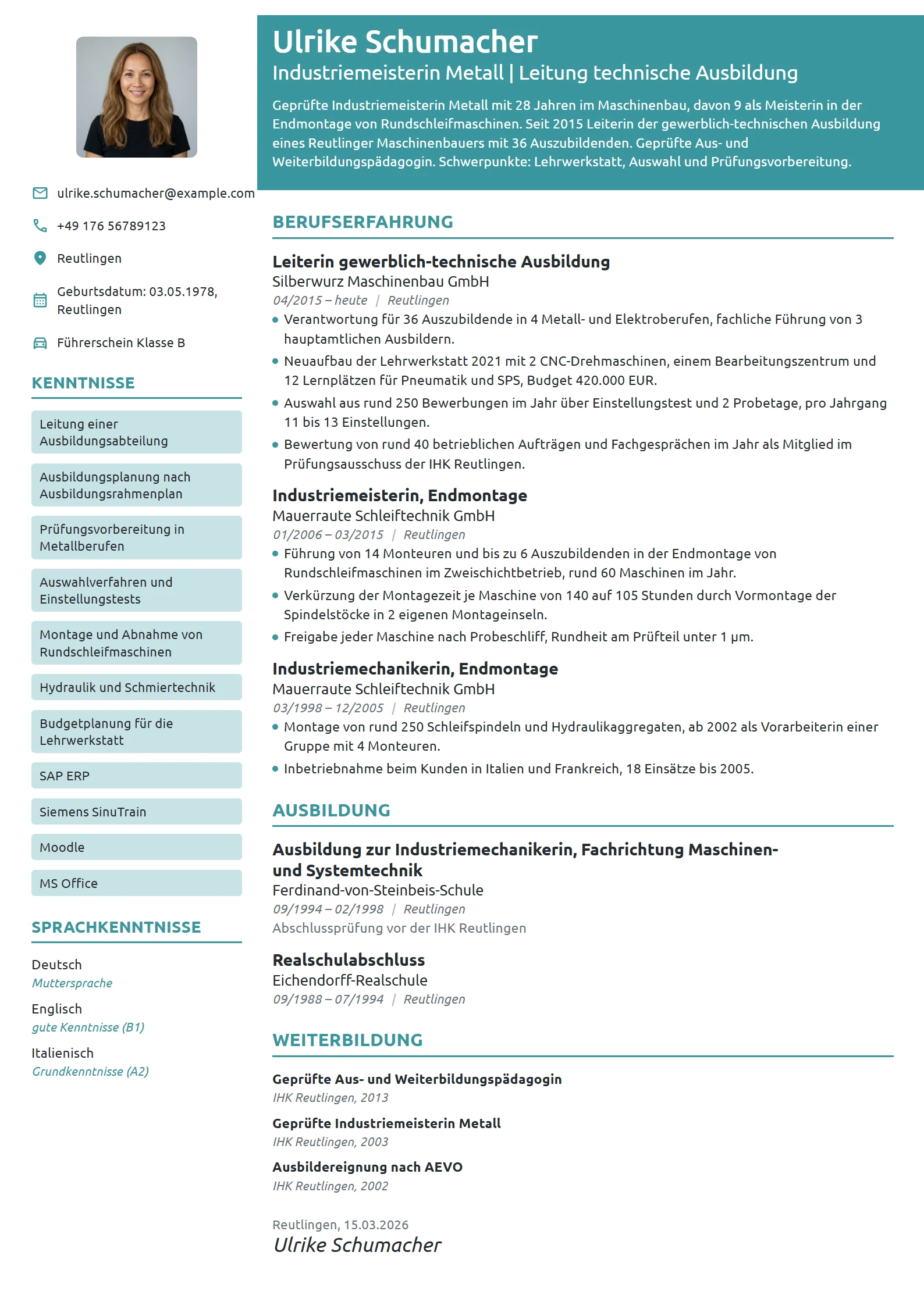 Lebenslauf-Beispiel: Industriemeisterin, Leitung Ausbildung