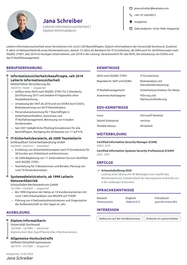 Lebenslauf-Beispiel: Leiterin Informationssicherheit