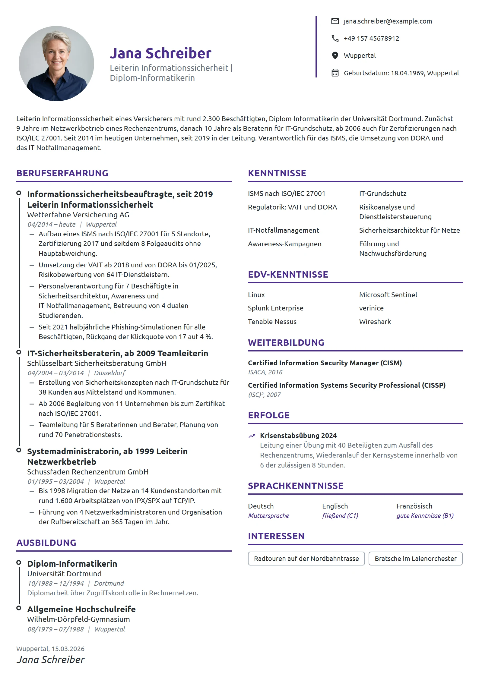 Lebenslauf-Beispiel: Leiterin Informationssicherheit