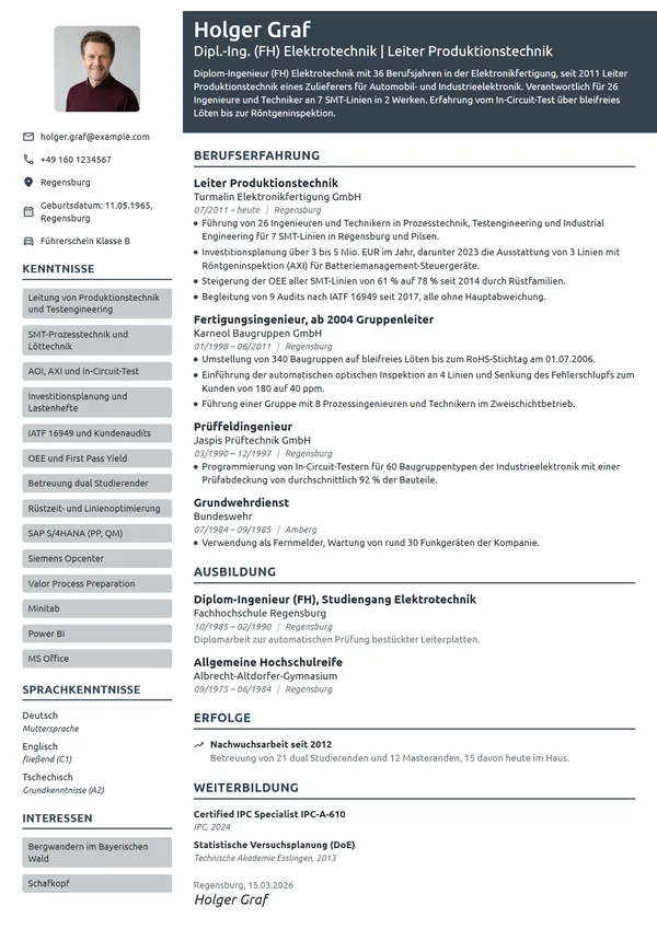 Lebenslauf-Beispiel: Leiter Produktionstechnik Elektronik