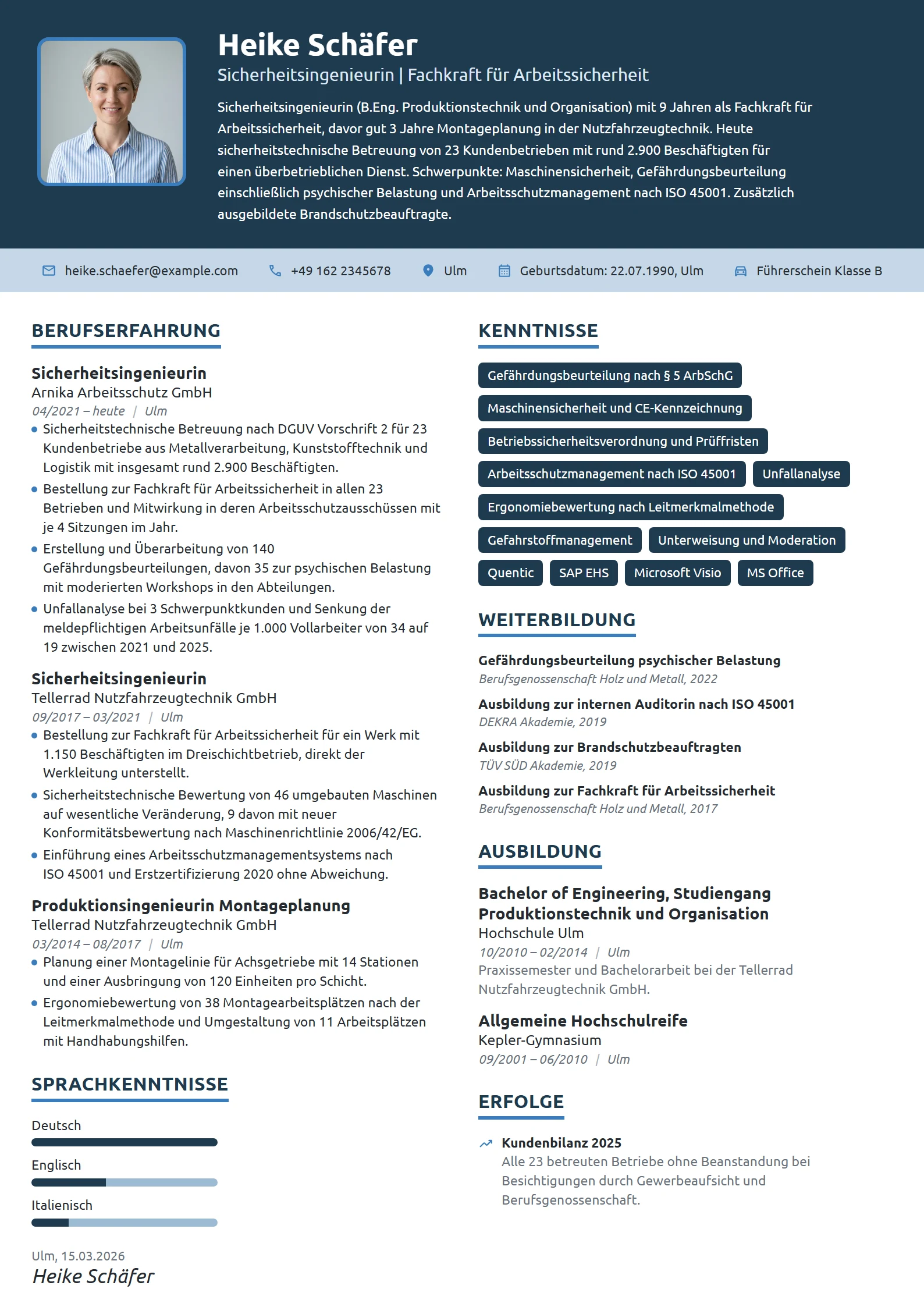 Lebenslauf-Beispiel: Sicherheitsingenieurin, externe Betreuung