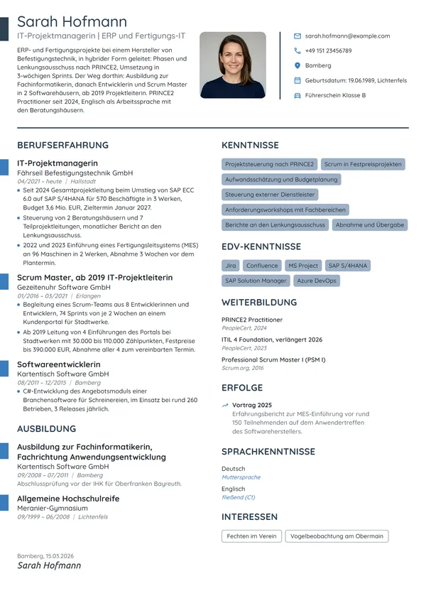 Lebenslauf-Beispiel: IT-Projektmanagerin, ERP und Fertigung