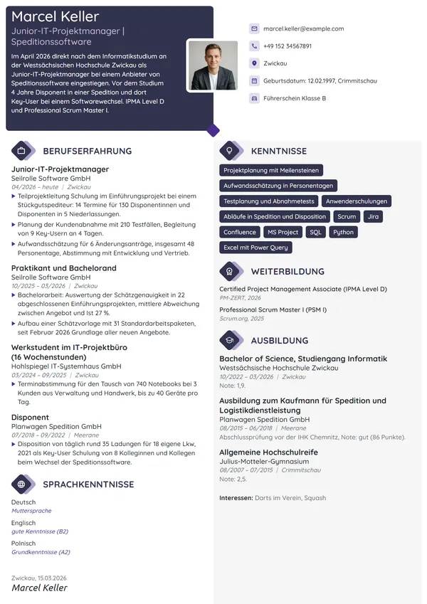 Lebenslauf-Beispiel: Junior-IT-Projektmanager im Berufseinstieg