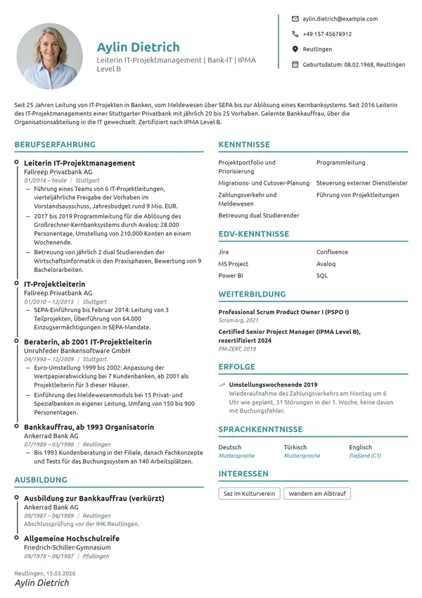 Lebenslauf-Beispiel: Leiterin IT-Projektmanagement, Bank
