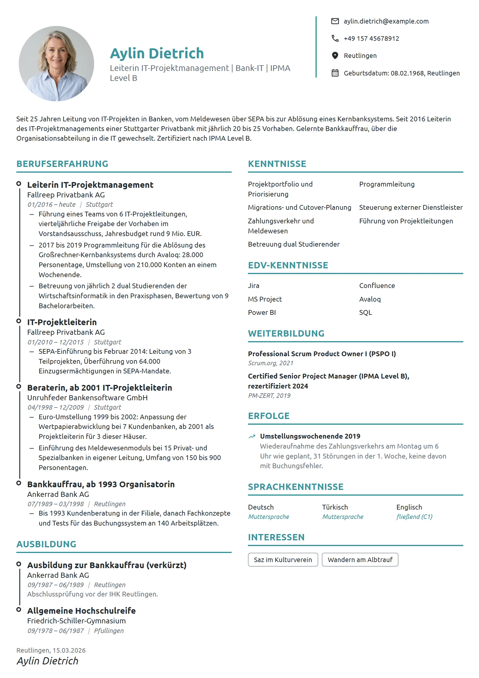Lebenslauf-Beispiel: Leiterin IT-Projektmanagement, Bank