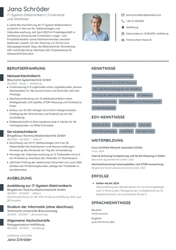 Lebenslauf-Beispiel: IT-System-Elektronikerin, Netzwerktechnik