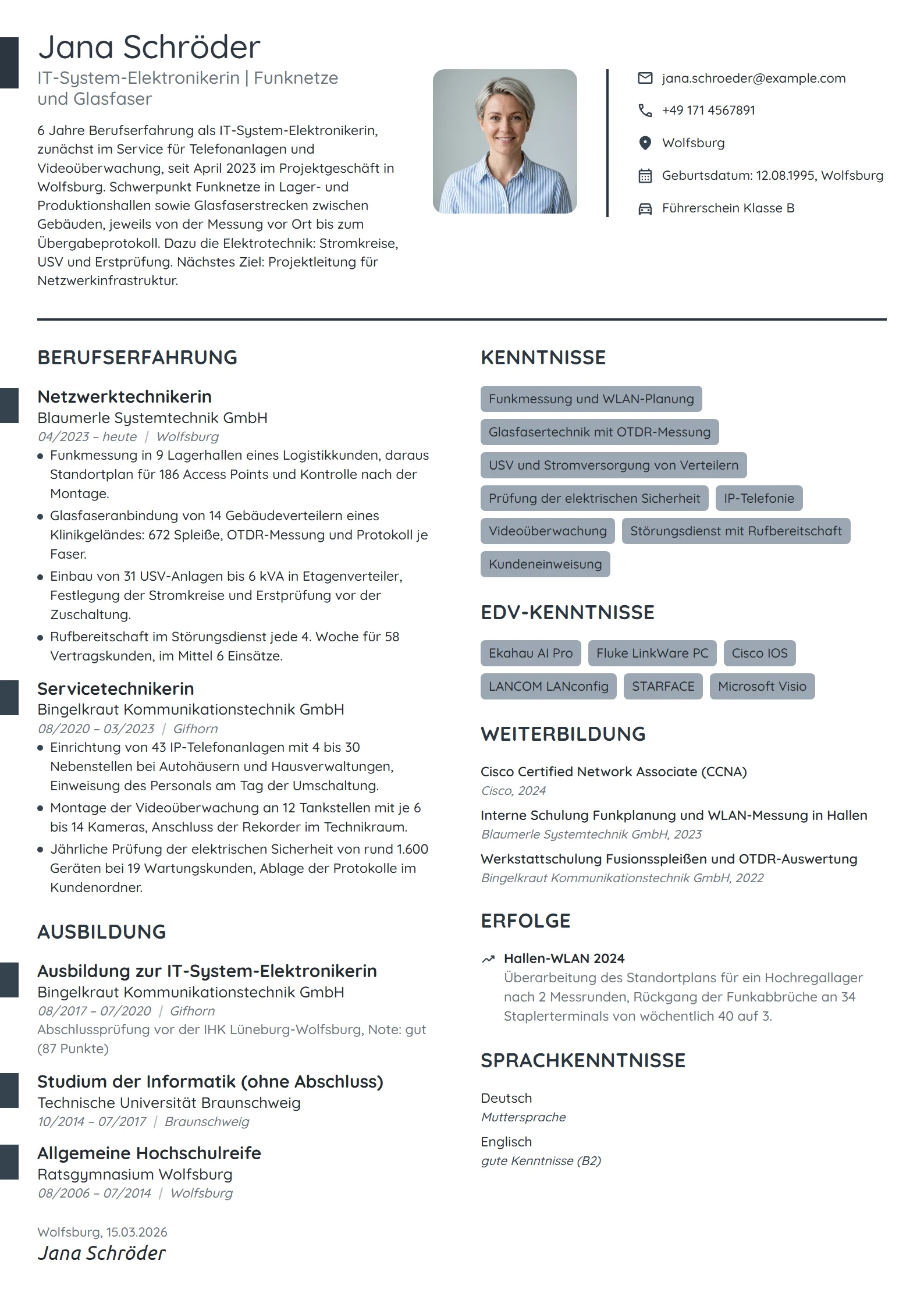 Lebenslauf-Beispiel: IT-System-Elektronikerin, Netzwerktechnik