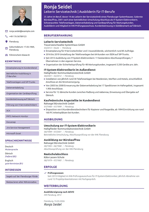 Lebenslauf-Beispiel: IT-System-Elektronikerin, Serviceleitung