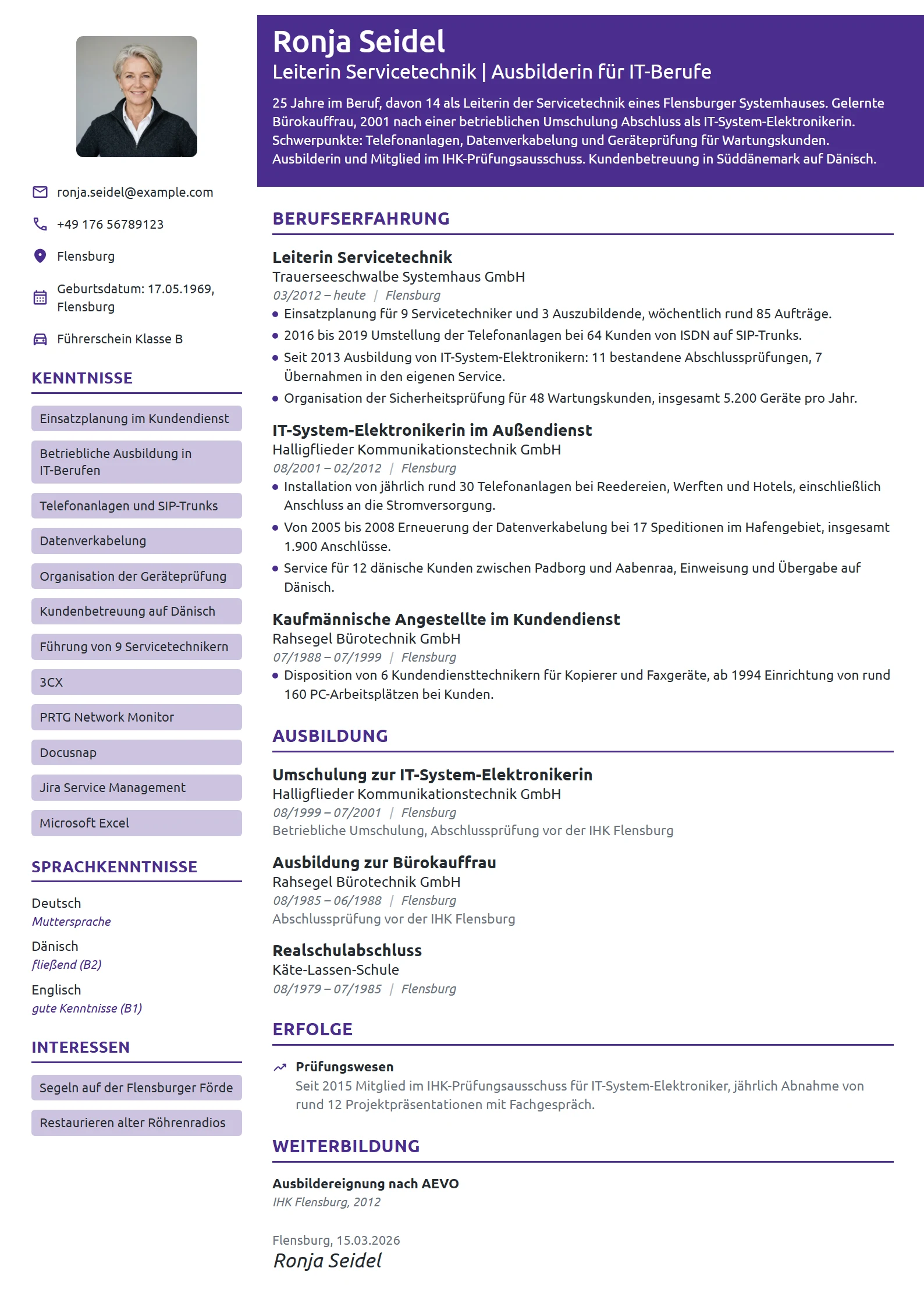 Lebenslauf-Beispiel: IT-System-Elektronikerin, Serviceleitung