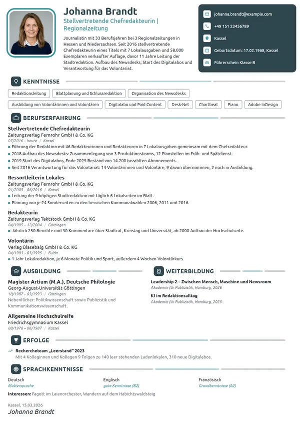 Lebenslauf-Beispiel: Stellvertretende Chefredakteurin