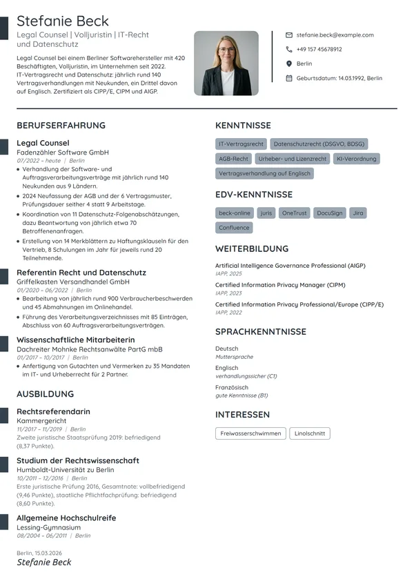 Lebenslauf-Beispiel: Legal Counsel für IT-Recht und Datenschutz