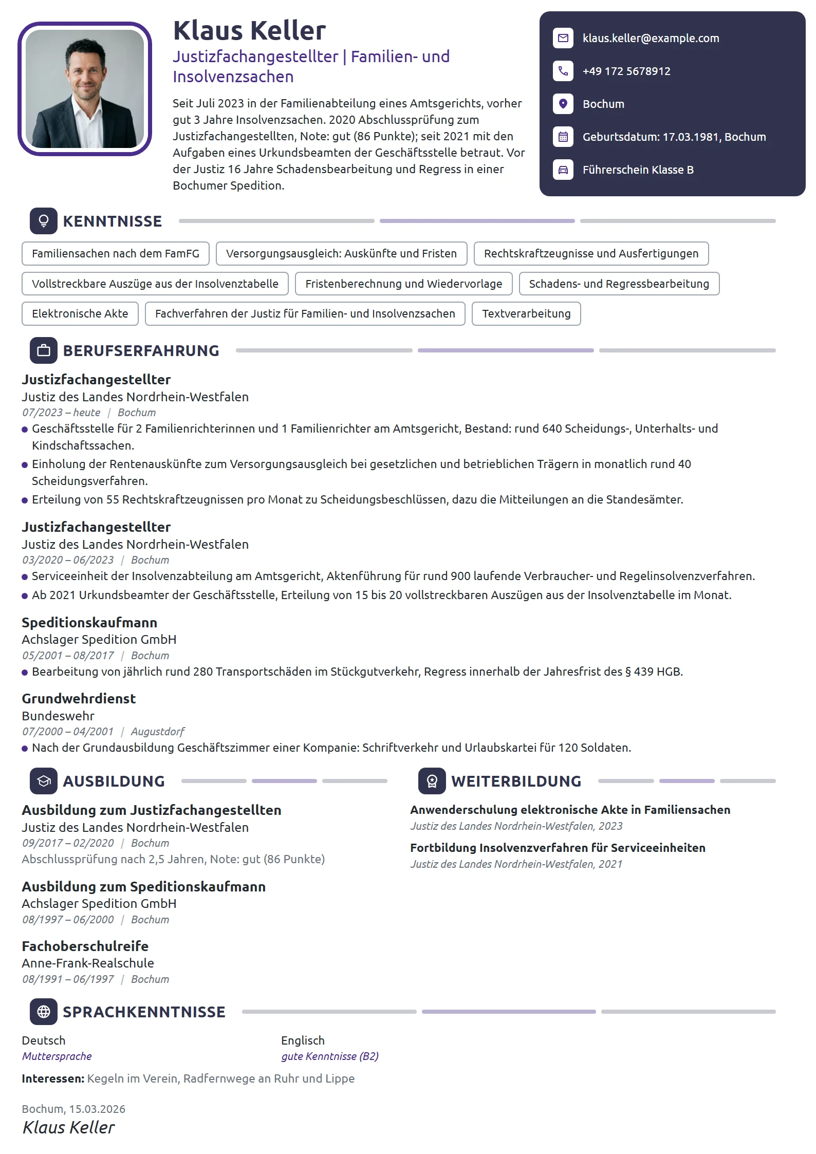 Lebenslauf-Beispiel: Justizfachangestellter, Familiensachen