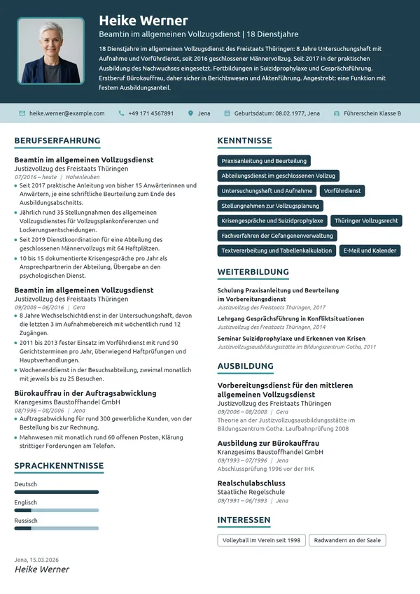 Lebenslauf-Beispiel: Justizvollzugsbeamtin, Anwärterausbildung