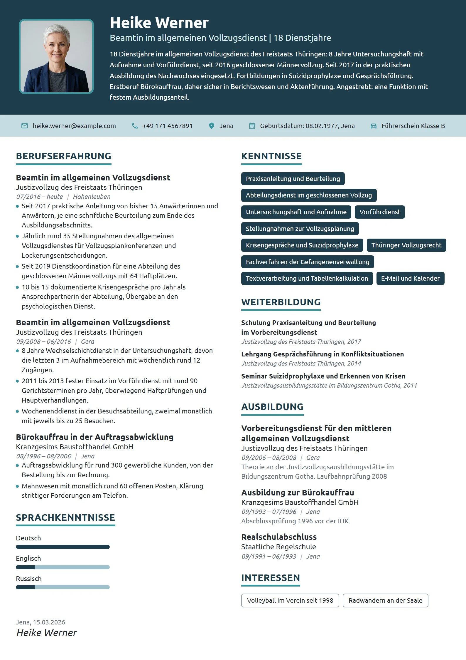 Lebenslauf-Beispiel: Justizvollzugsbeamtin, Anwärterausbildung
