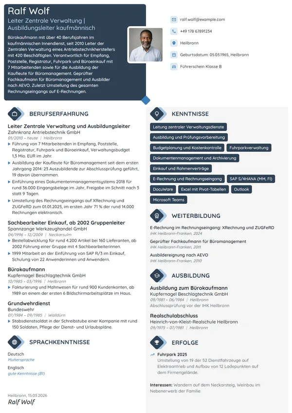 Lebenslauf-Beispiel: Bürokaufmann, Leiter der Verwaltung