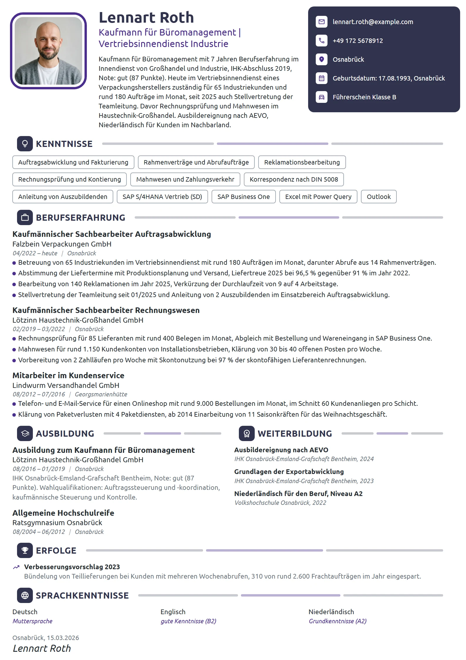 Lebenslauf-Beispiel: Kaufmann für Büromanagement im Innendienst