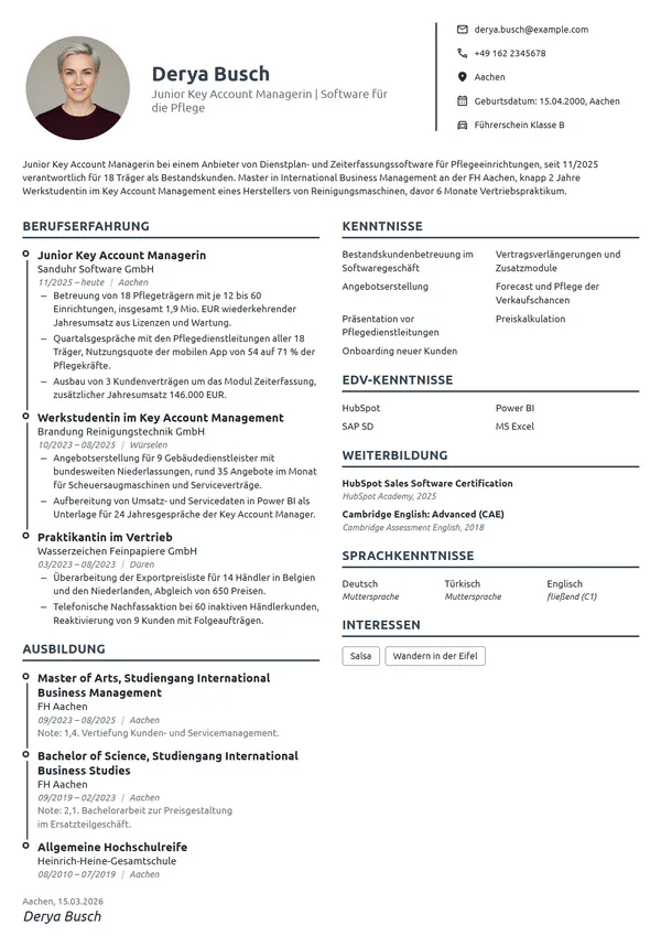 Lebenslauf-Beispiel: Junior Key Account Managerin, Software