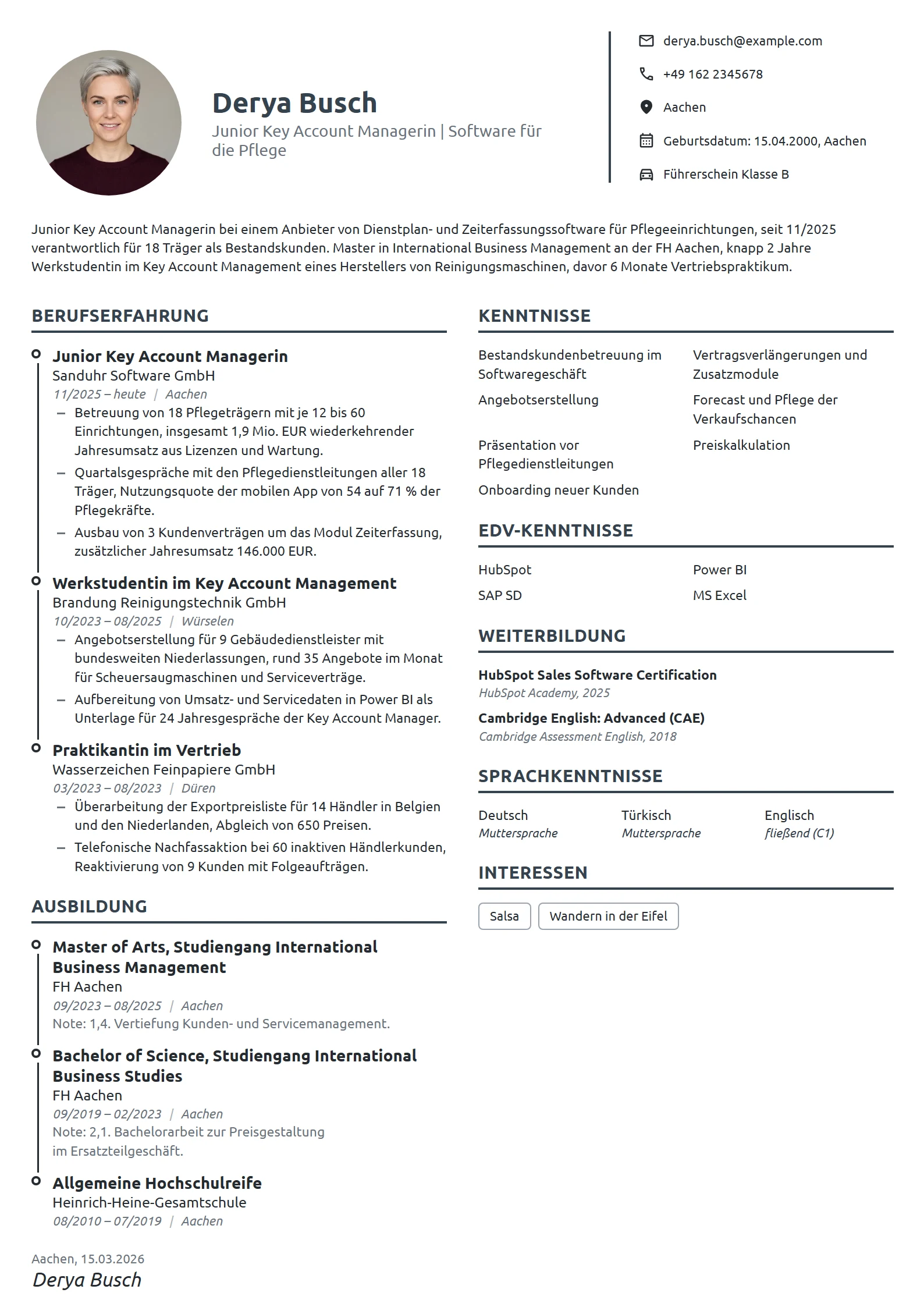 Lebenslauf-Beispiel: Junior Key Account Managerin, Software