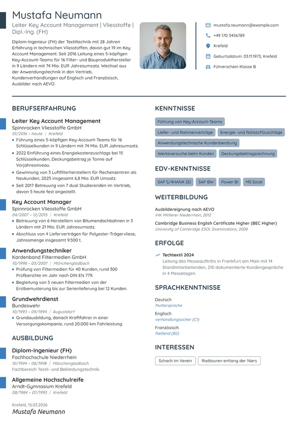 Lebenslauf-Beispiel: Leiter Key Account Management, Vliesstoffe